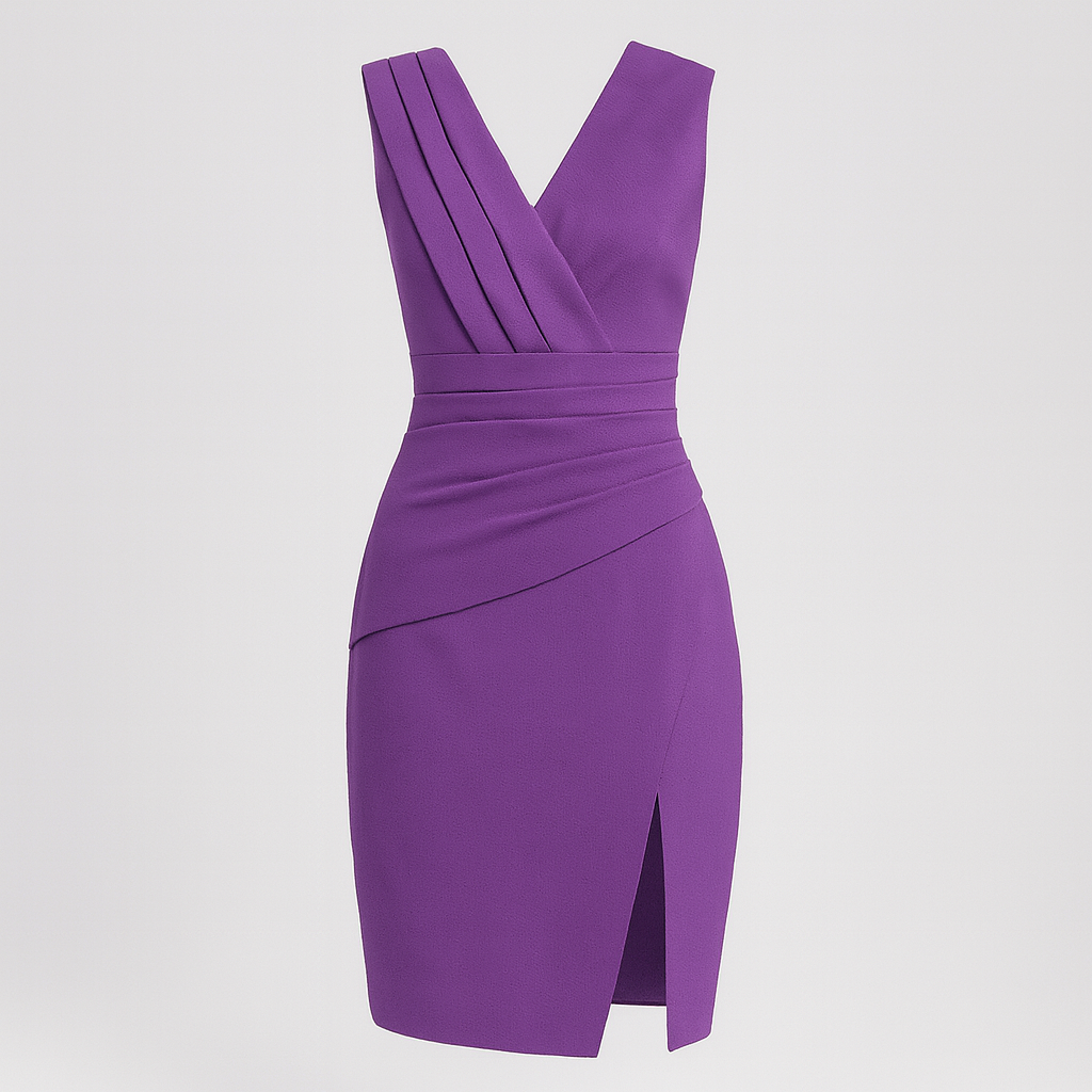 Sleeveless wrap dress with pleated V-neckline, fitted waist, draped skirt, and front slit.