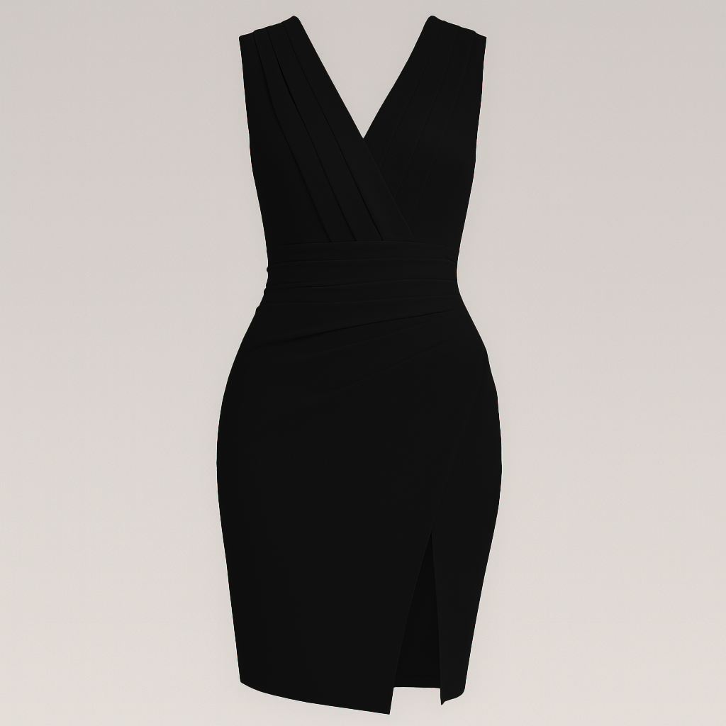 Sleeveless wrap dress with pleated V-neckline, fitted waist, draped skirt, and front slit.