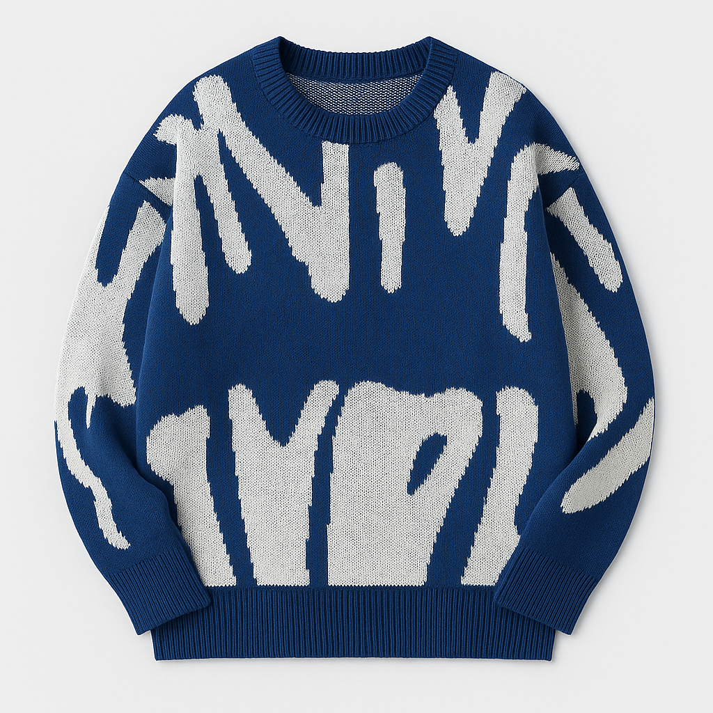 Knit sweater with bold abstract pattern, crew neckline, and ribbed cuffs designed for modern casual wear