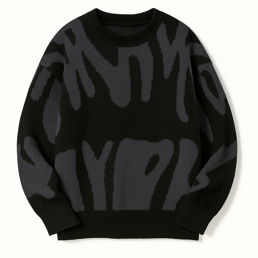 Knit sweater with bold abstract pattern, crew neckline, and ribbed cuffs designed for modern casual wear