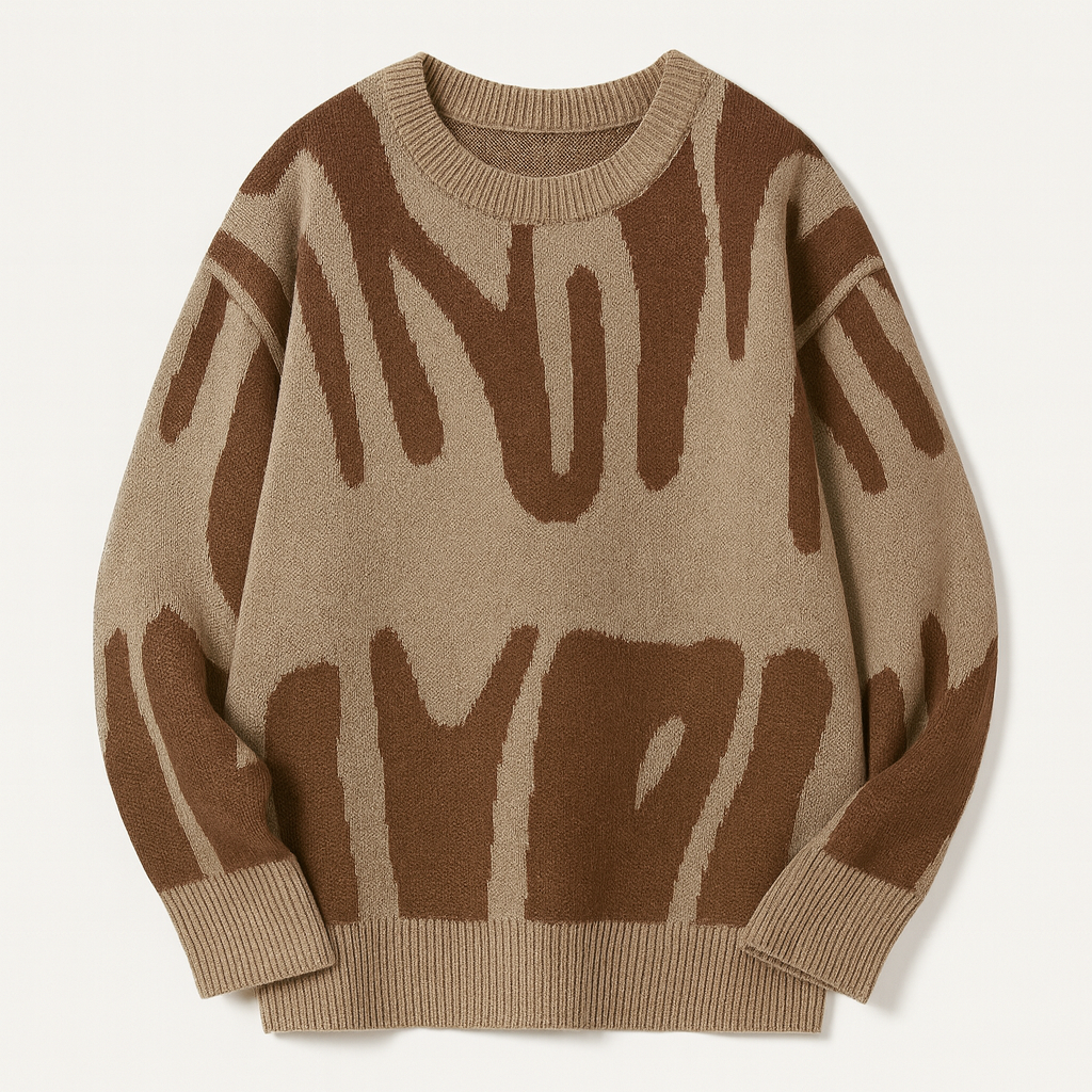 Knit sweater with bold abstract pattern, crew neckline, and ribbed cuffs designed for modern casual wear