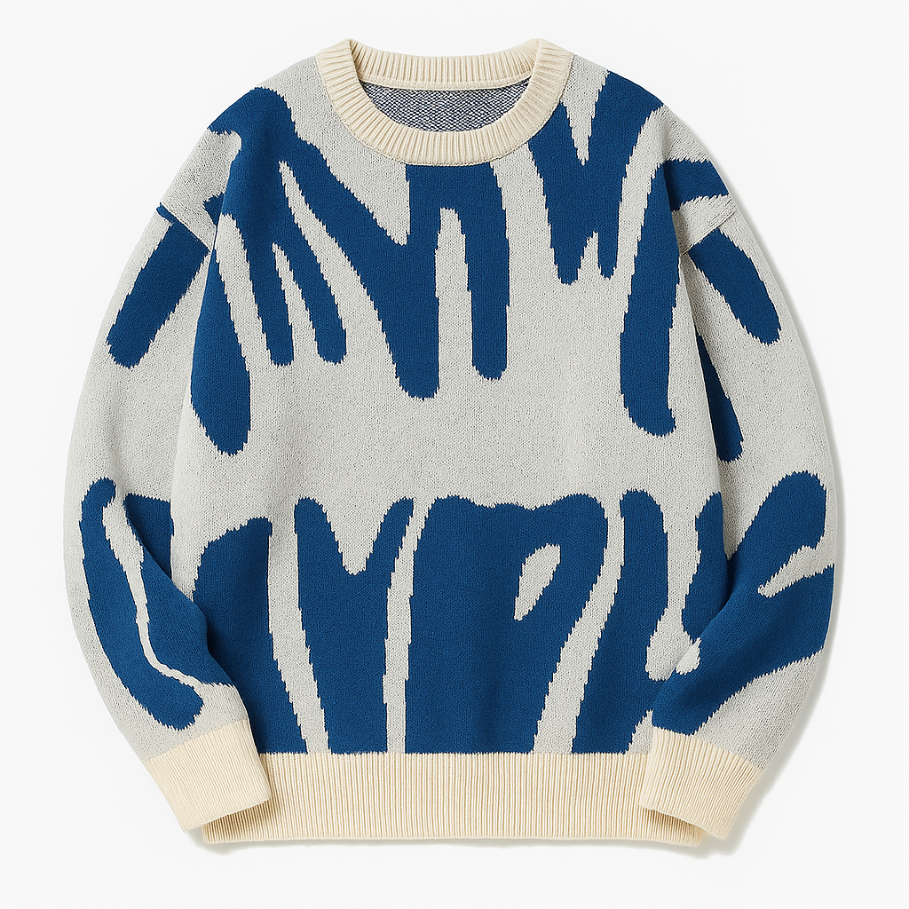 Knit sweater with bold abstract pattern, crew neckline, and ribbed cuffs designed for modern casual wear