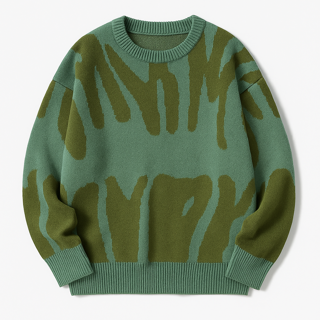 Knit sweater with bold abstract pattern, crew neckline, and ribbed cuffs designed for modern casual wear