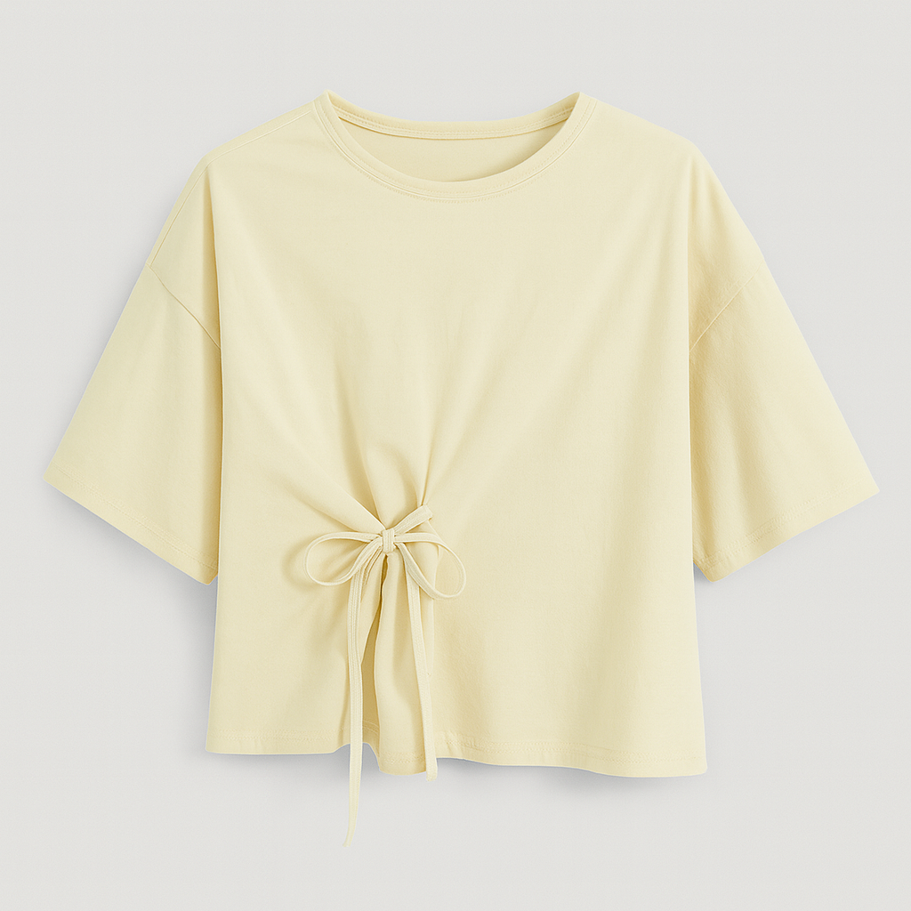 cream cropped top with short sleeves and a tie-front detail at the waist