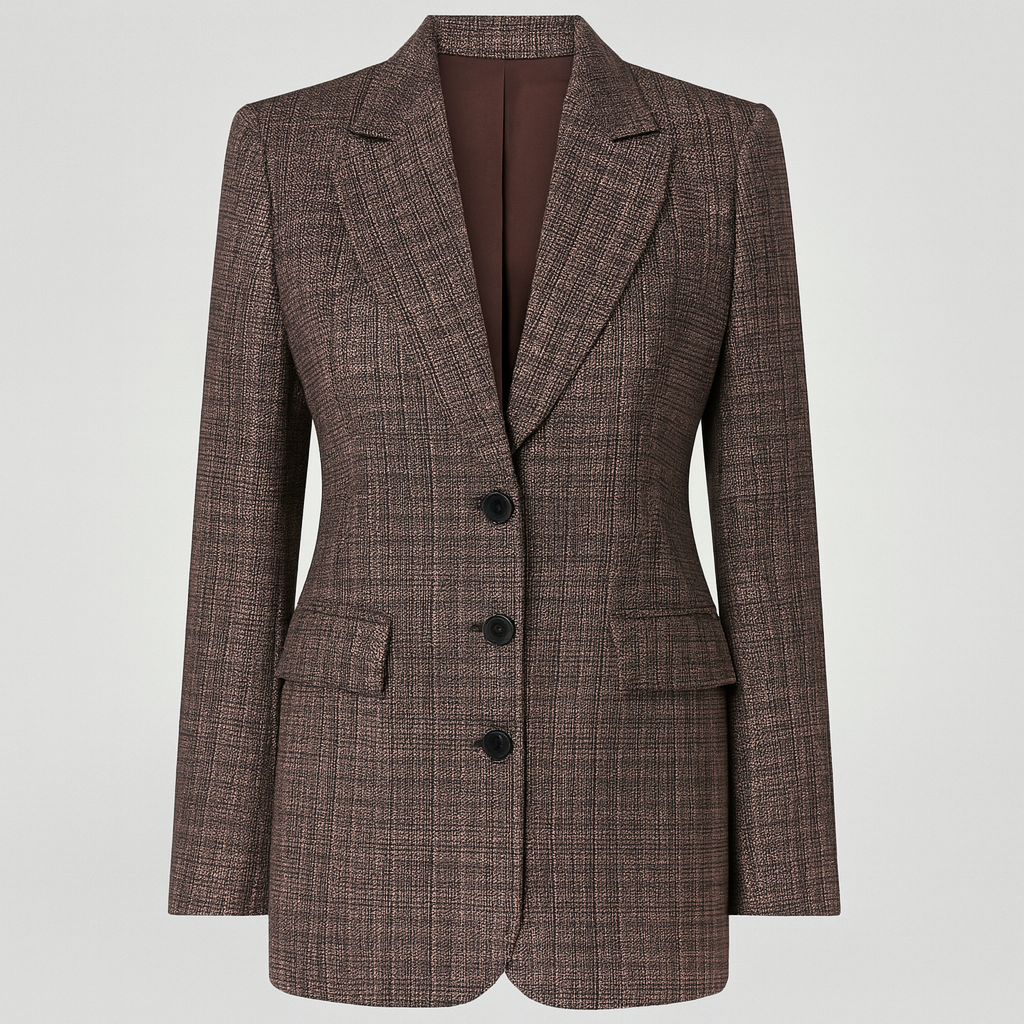 A checked blazer with long sleeves, a notched lapel neckline, front flap pockets, and button closure.