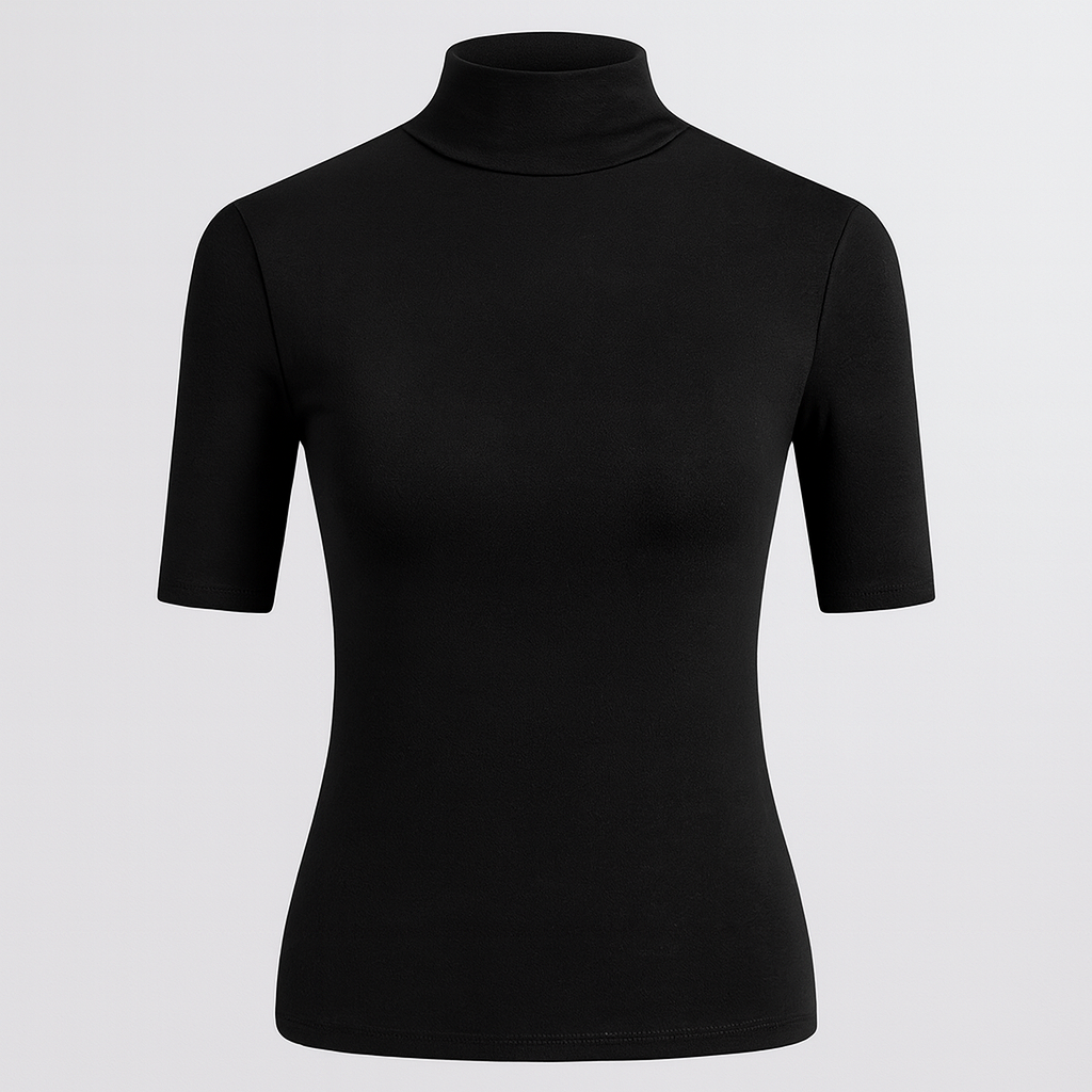 fitted turtleneck top with elbow-length sleeves