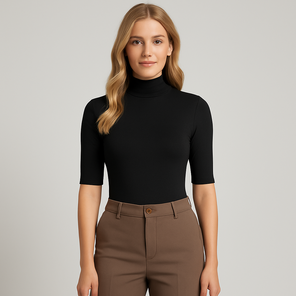 fitted turtleneck top with elbow-length sleeves