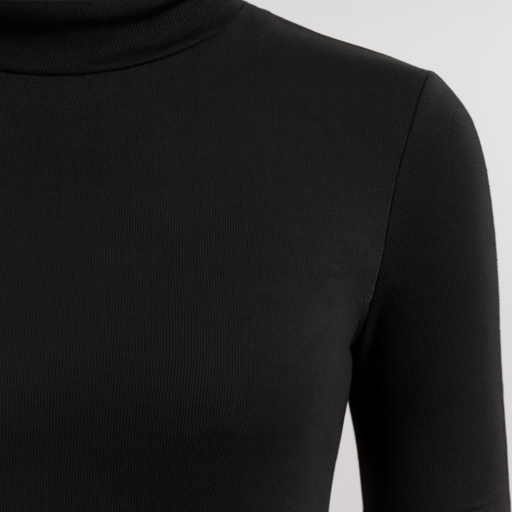 fitted turtleneck top with elbow-length sleeves