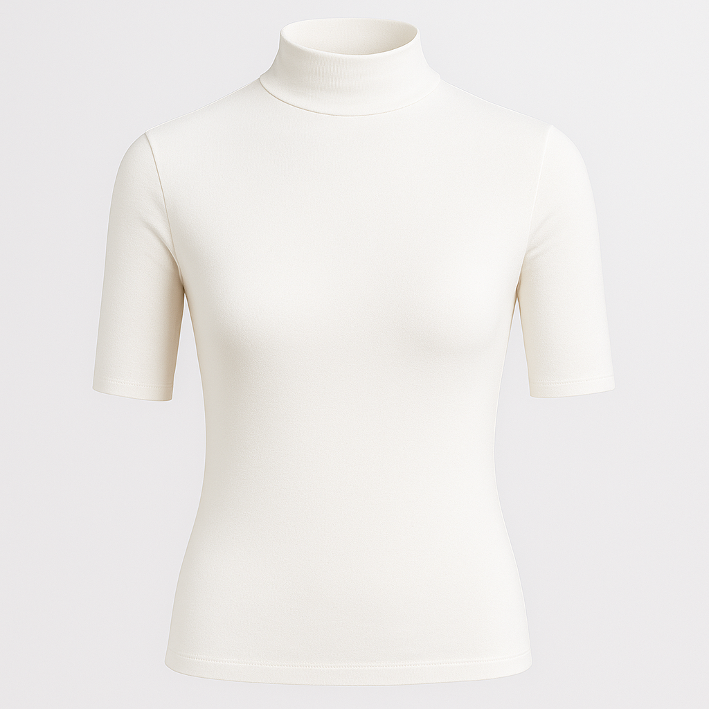 fitted turtleneck top with elbow-length sleeves