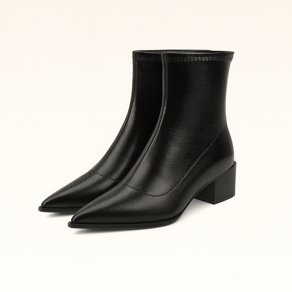 A pair of sleek ankle boots with pointed toes and low block heels. The boots have a glossy leather finish and a slim, fitted silhouette that hugs the ankle, creating a modern and elegant look.