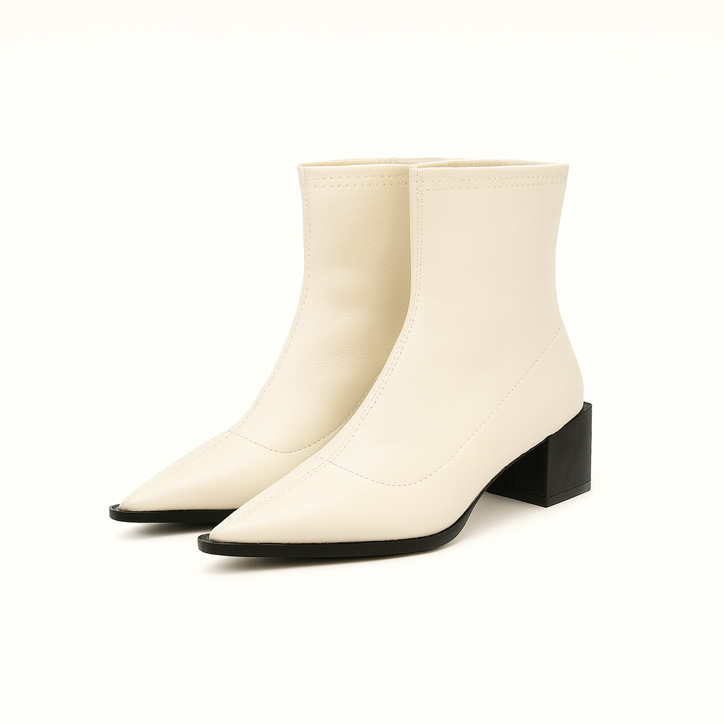 A pair of sleek ankle boots with pointed toes and low block heels. The boots have a glossy leather finish and a slim, fitted silhouette that hugs the ankle, creating a modern and elegant look.