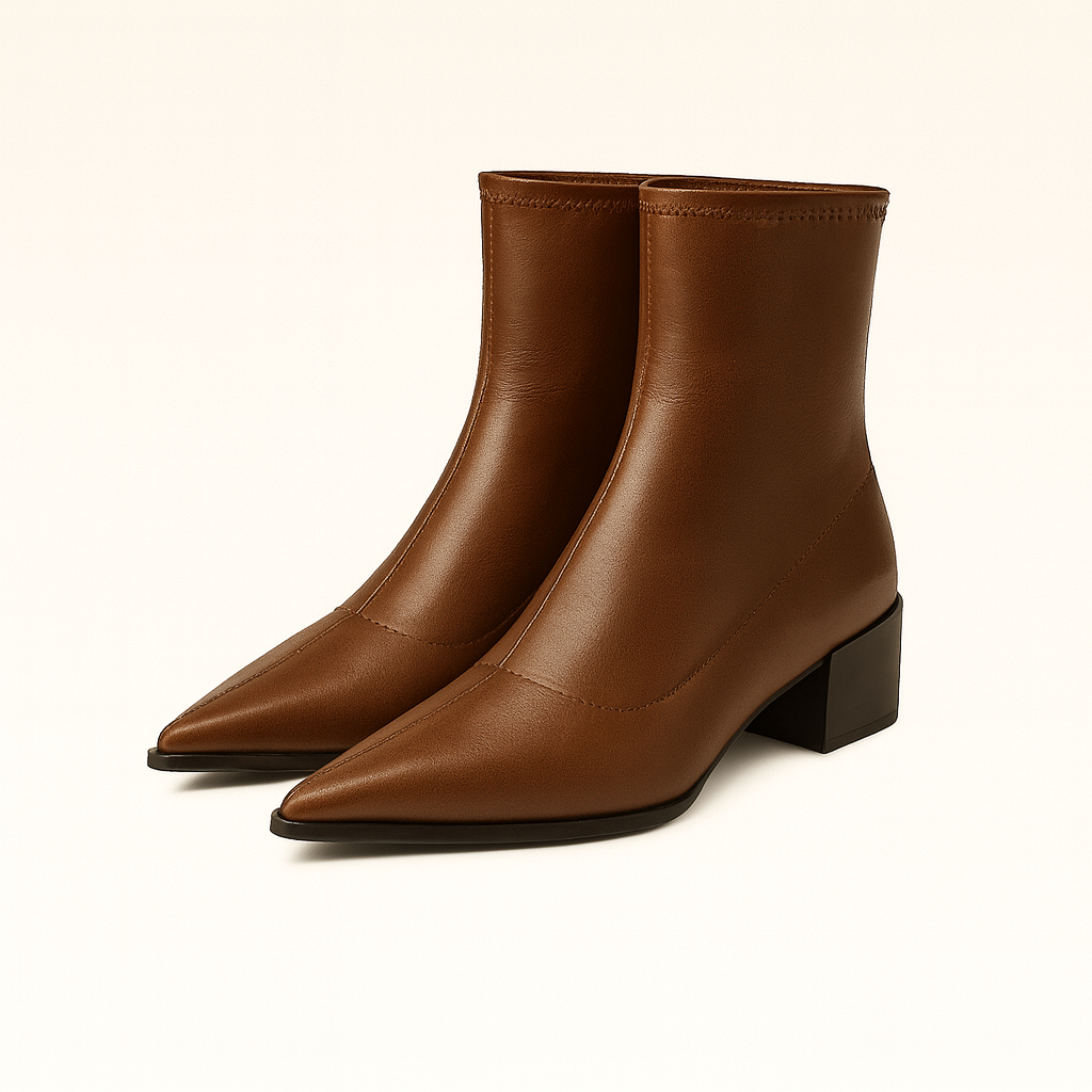 A pair of sleek ankle boots with pointed toes and low block heels. The boots have a glossy leather finish and a slim, fitted silhouette that hugs the ankle, creating a modern and elegant look.