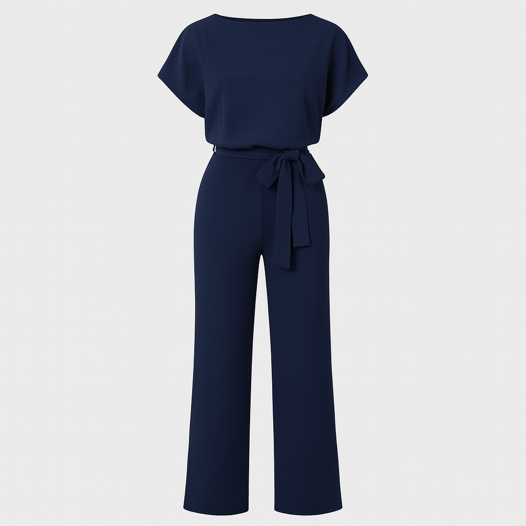 A short-sleeve jumpsuit featuring a boat neckline, a wide fabric belt tied in a bow at the waist, and straight-leg pants for a modern, minimalist silhouette.