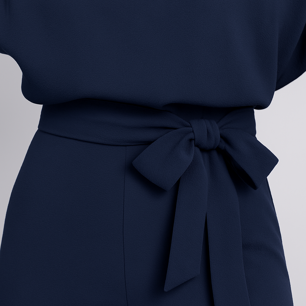 A short-sleeve jumpsuit featuring a boat neckline, a wide fabric belt tied in a bow at the waist, and straight-leg pants for a modern, minimalist silhouette.