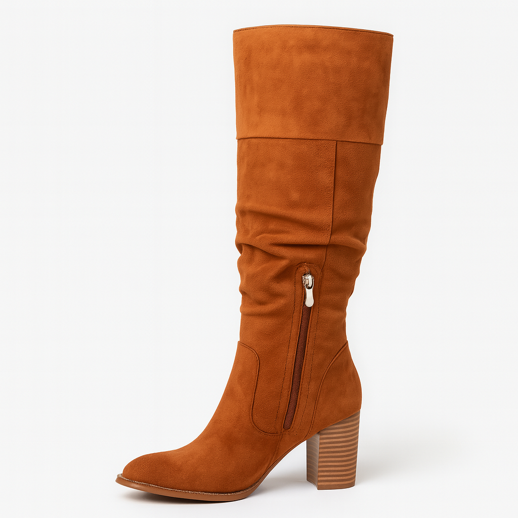 Suede knee-high boots with ruched slouch effect, pointed toe, stacked block heel, and side zip fastening.