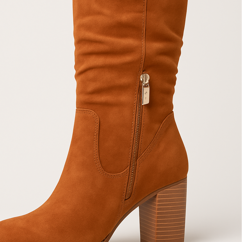 Suede knee-high boots with ruched slouch effect, pointed toe, stacked block heel, and side zip fastening.