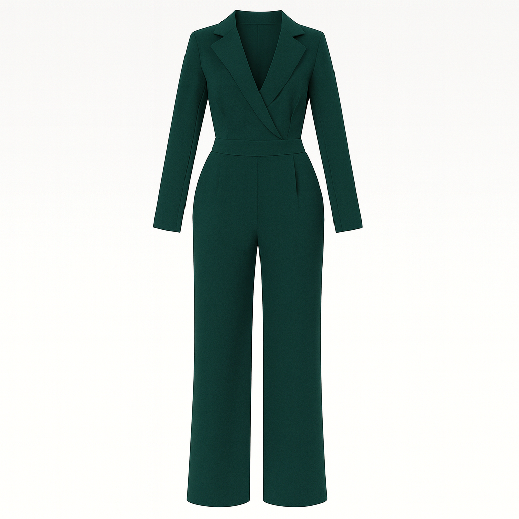 A tailored jumpsuit with a deep V-neckline, long sleeves, fitted waist, and wide-leg pants.