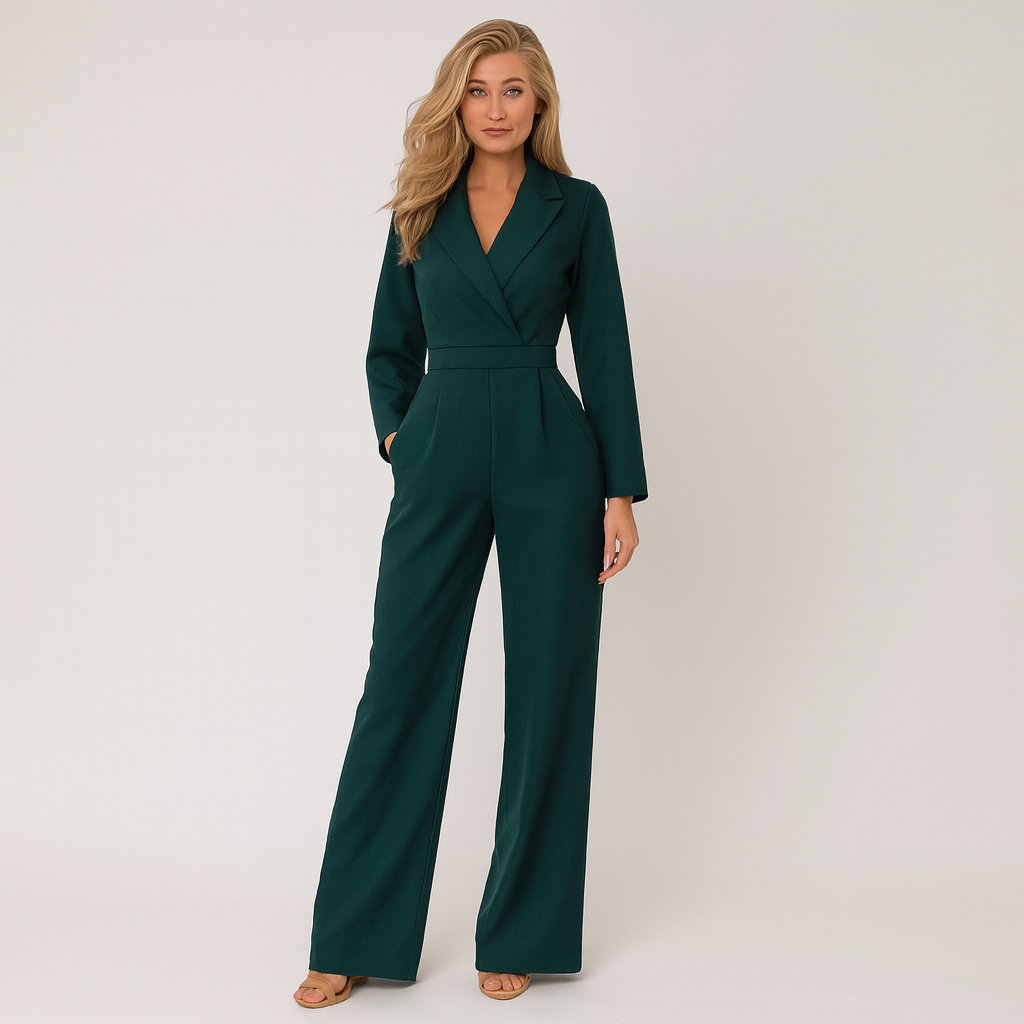 A tailored jumpsuit with a deep V-neckline, long sleeves, fitted waist, and wide-leg pants.