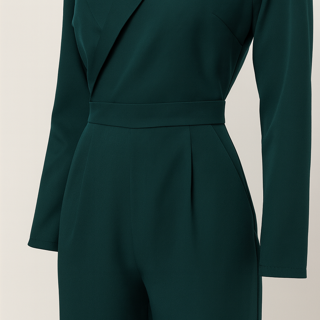A tailored jumpsuit with a deep V-neckline, long sleeves, fitted waist, and wide-leg pants.