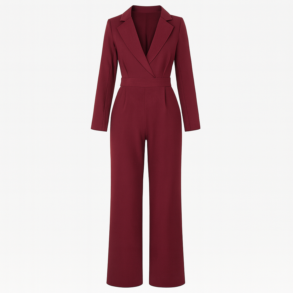 A tailored jumpsuit with a deep V-neckline, long sleeves, fitted waist, and wide-leg pants.