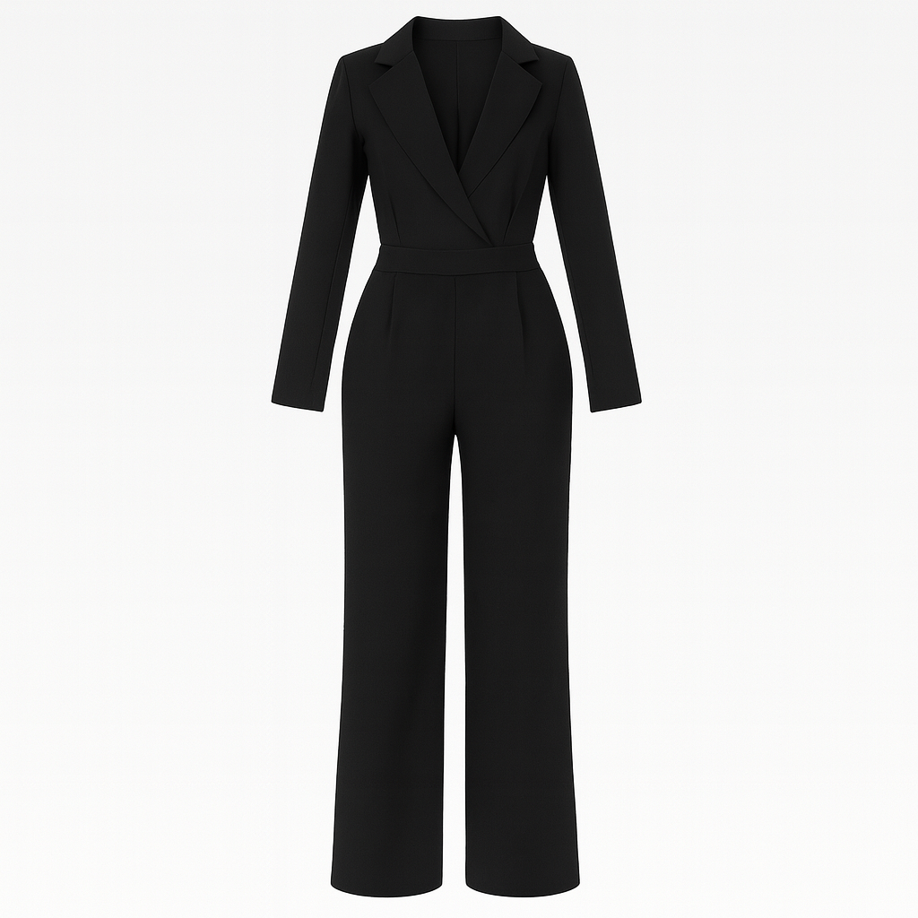 A tailored jumpsuit with a deep V-neckline, long sleeves, fitted waist, and wide-leg pants.