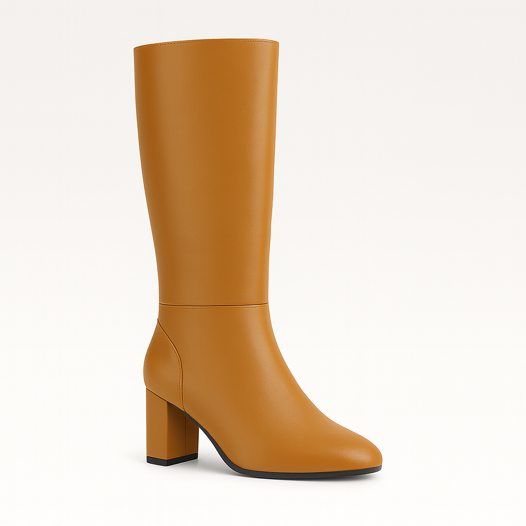 A pair of tall, leather boots with rounded toes and block heels. The boots have a sleek, smooth finish with minimal stitching and extend up to just below the knee, featuring a clean, modern design suitable for both casual and formal outfits.