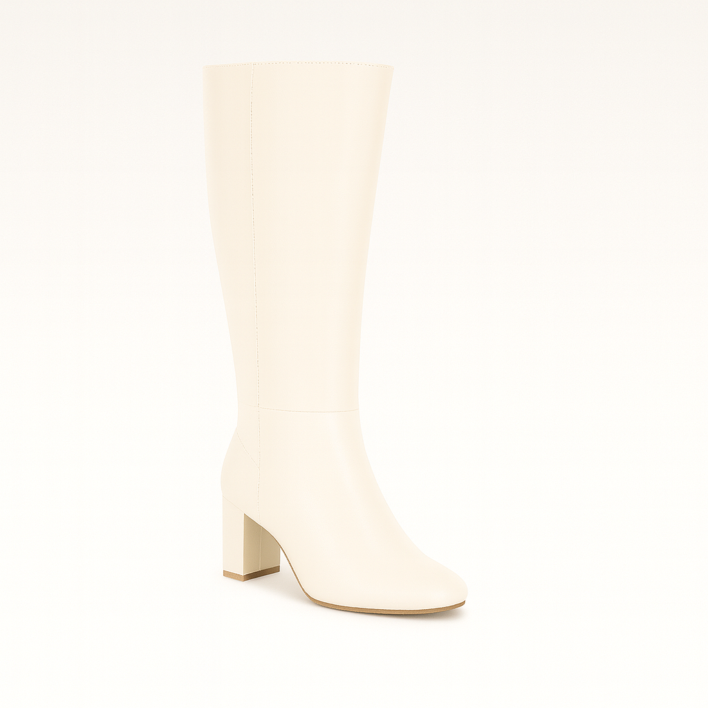A pair of tall, leather boots with rounded toes and block heels. The boots have a sleek, smooth finish with minimal stitching and extend up to just below the knee, featuring a clean, modern design suitable for both casual and formal outfits.