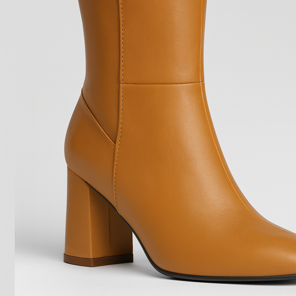 A pair of tall, leather boots with rounded toes and block heels. The boots have a sleek, smooth finish with minimal stitching and extend up to just below the knee, featuring a clean, modern design suitable for both casual and formal outfits.
