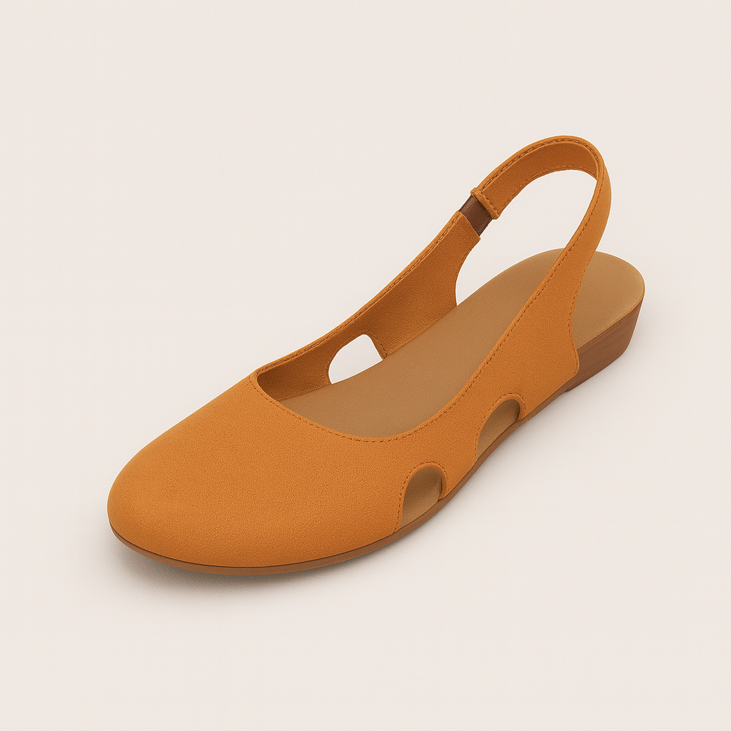 Slingback flats with rounded toe, cushioned insole, and side cutout details, styled for versatile everyday wear