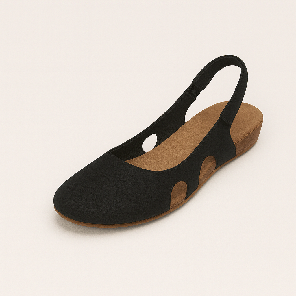 Slingback flats with rounded toe, cushioned insole, and side cutout details, styled for versatile everyday wear