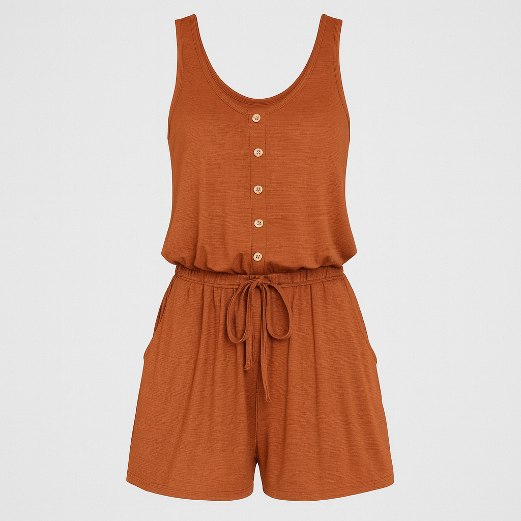 Sleeveless romper with scoop neckline, front button placket, elastic waistband with drawstring, and side pockets.