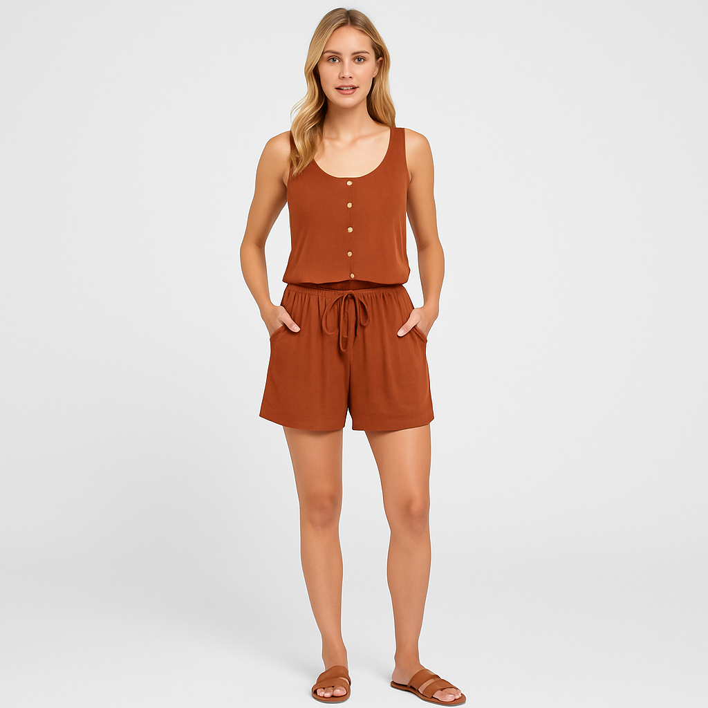 Sleeveless romper with scoop neckline, front button placket, elastic waistband with drawstring, and side pockets.