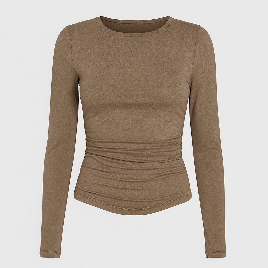 Brown ruched long sleeve fitted top with crew neckline, styled with light wash denim jeans