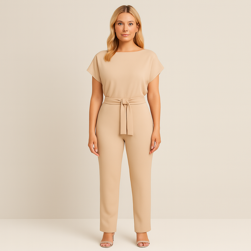 Jumpsuit with boat neckline, tie waist detail, short sleeves, and wide-leg cut, styled for polished all-day wear