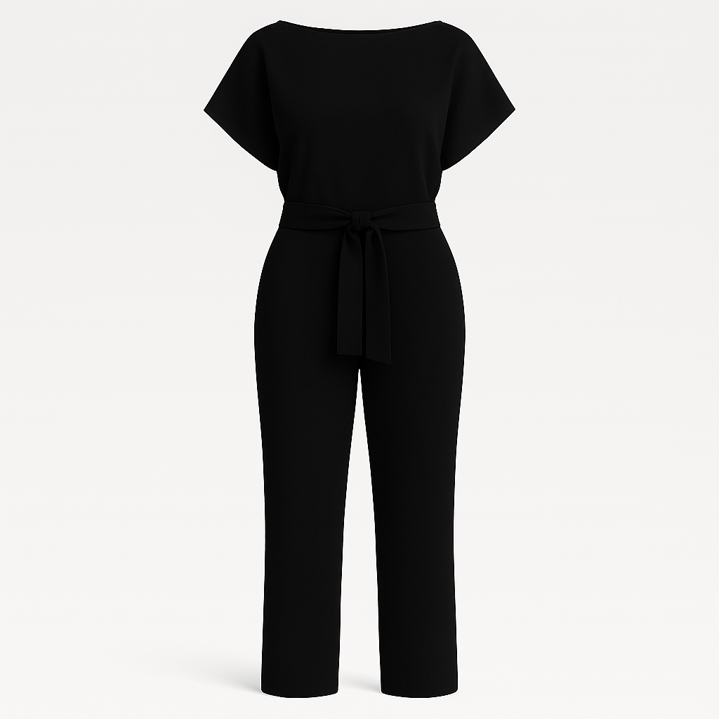 Jumpsuit with boat neckline, tie waist detail, short sleeves, and wide-leg cut, styled for polished all-day wear