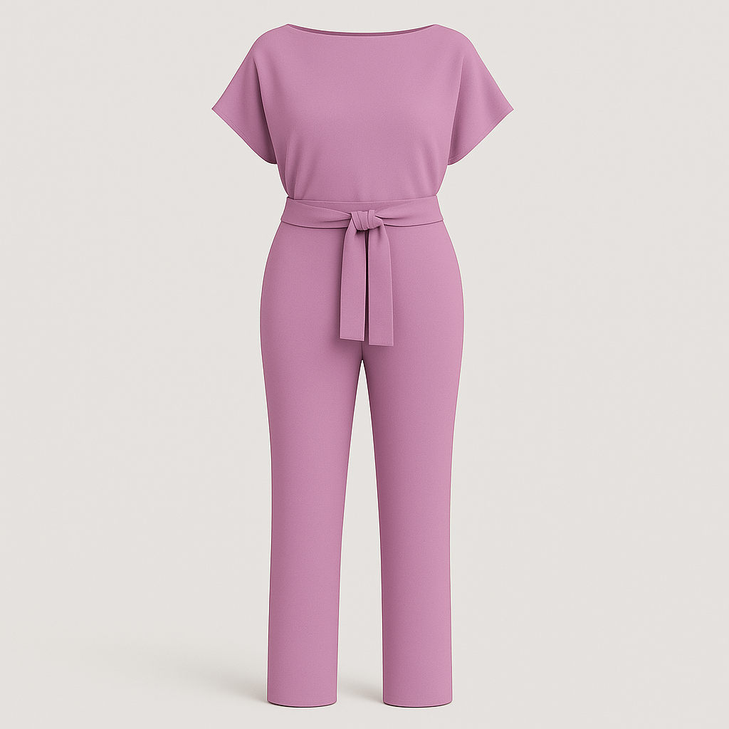 Jumpsuit with boat neckline, tie waist detail, short sleeves, and wide-leg cut, styled for polished all-day wear