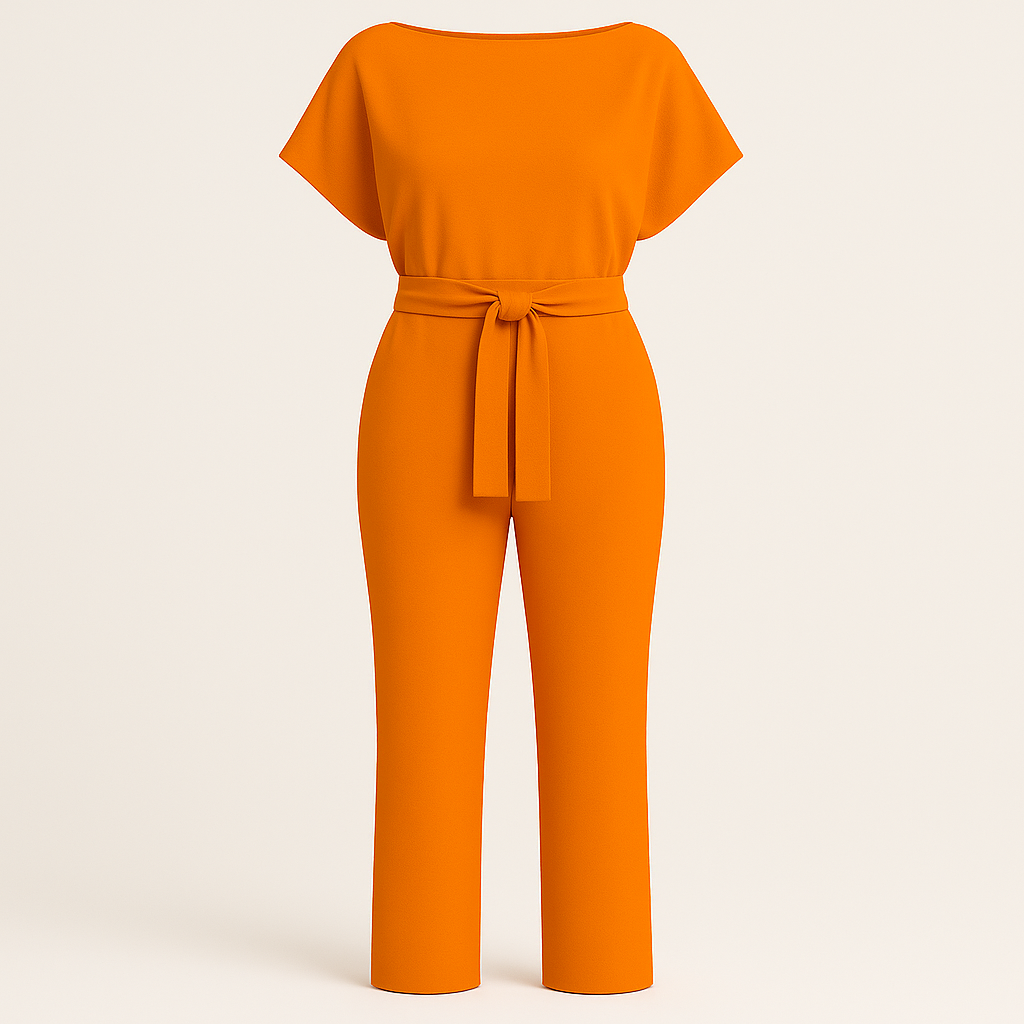 Jumpsuit with boat neckline, tie waist detail, short sleeves, and wide-leg cut, styled for polished all-day wear