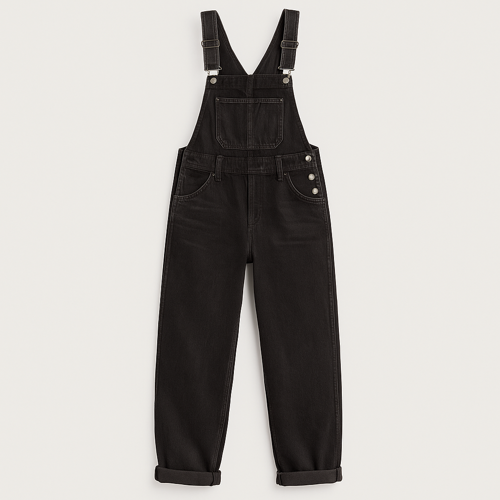 A pair of classic denim overalls featuring adjustable shoulder straps with metal buckles, a front chest pocket, side buttons, and two front hip pockets. The design has a relaxed straight-leg fit for a casual, timeless look.