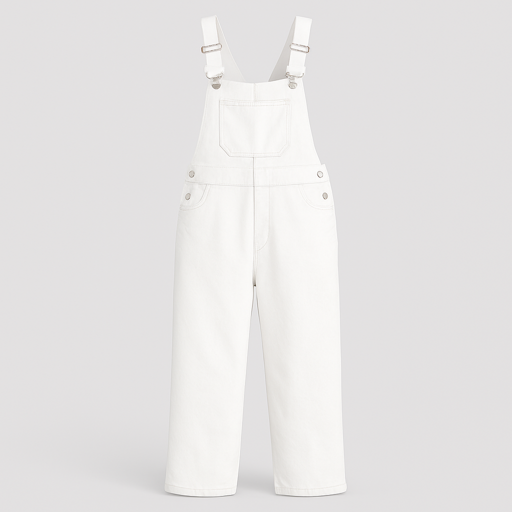 A pair of classic denim overalls featuring adjustable shoulder straps with metal buckles, a front chest pocket, side buttons, and two front hip pockets. The design has a relaxed straight-leg fit for a casual, timeless look.