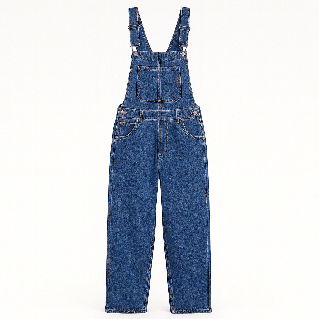 A pair of classic denim overalls featuring adjustable shoulder straps with metal buckles, a front chest pocket, side buttons, and two front hip pockets. The design has a relaxed straight-leg fit for a casual, timeless look.