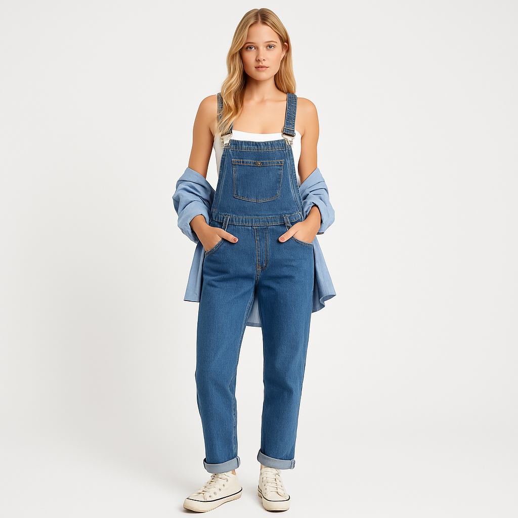 A pair of classic denim overalls featuring adjustable shoulder straps with metal buckles, a front chest pocket, side buttons, and two front hip pockets. The design has a relaxed straight-leg fit for a casual, timeless look.
