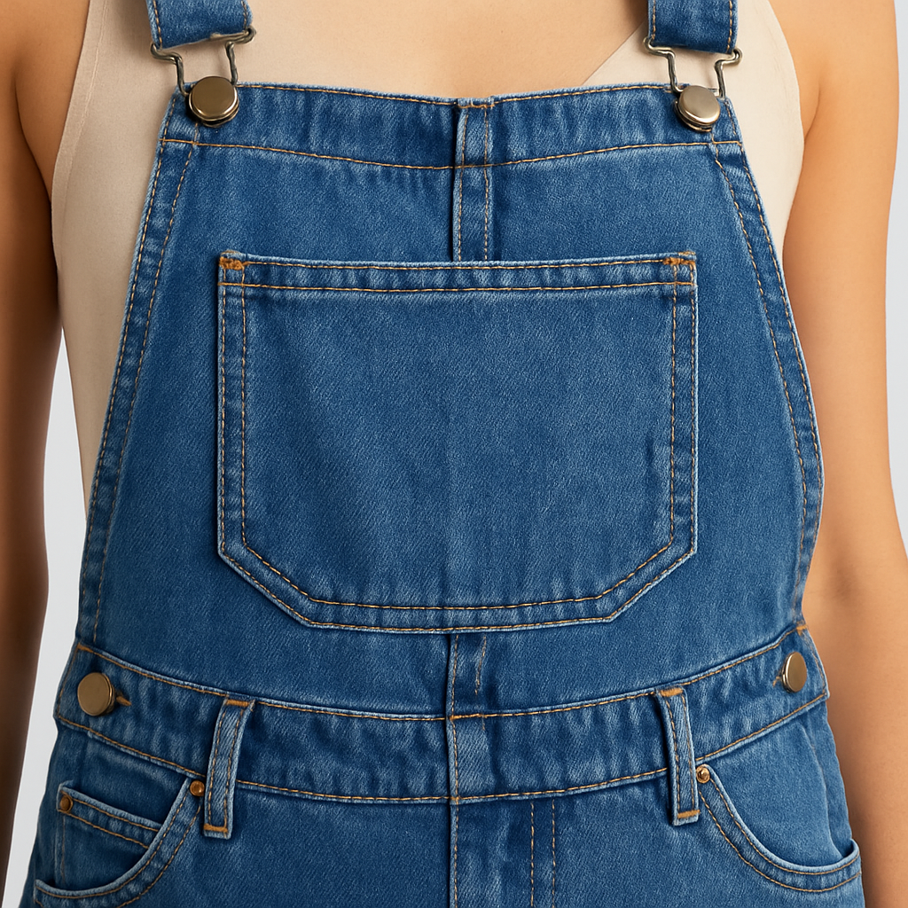A pair of classic denim overalls featuring adjustable shoulder straps with metal buckles, a front chest pocket, side buttons, and two front hip pockets. The design has a relaxed straight-leg fit for a casual, timeless look.