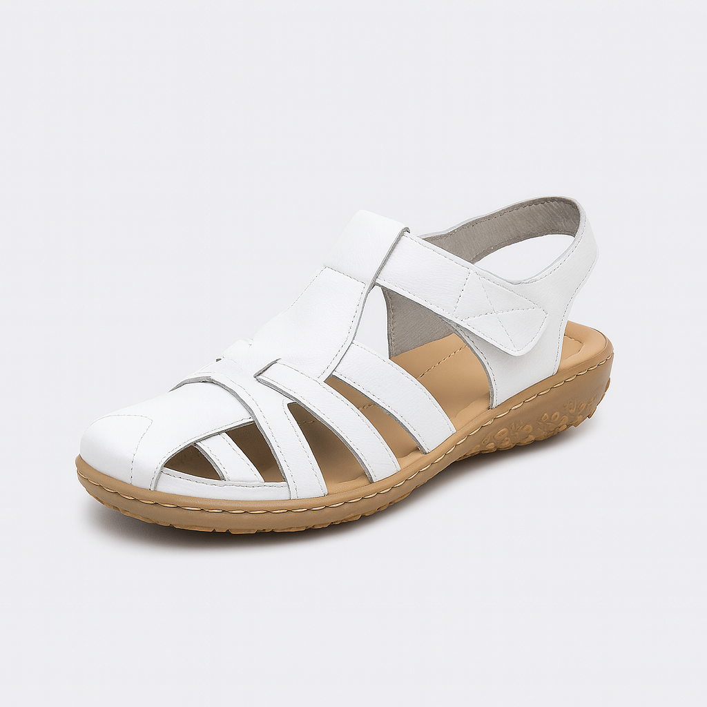 Slingback sandal with closed toe design, multiple cutout straps, and cushioned sole.