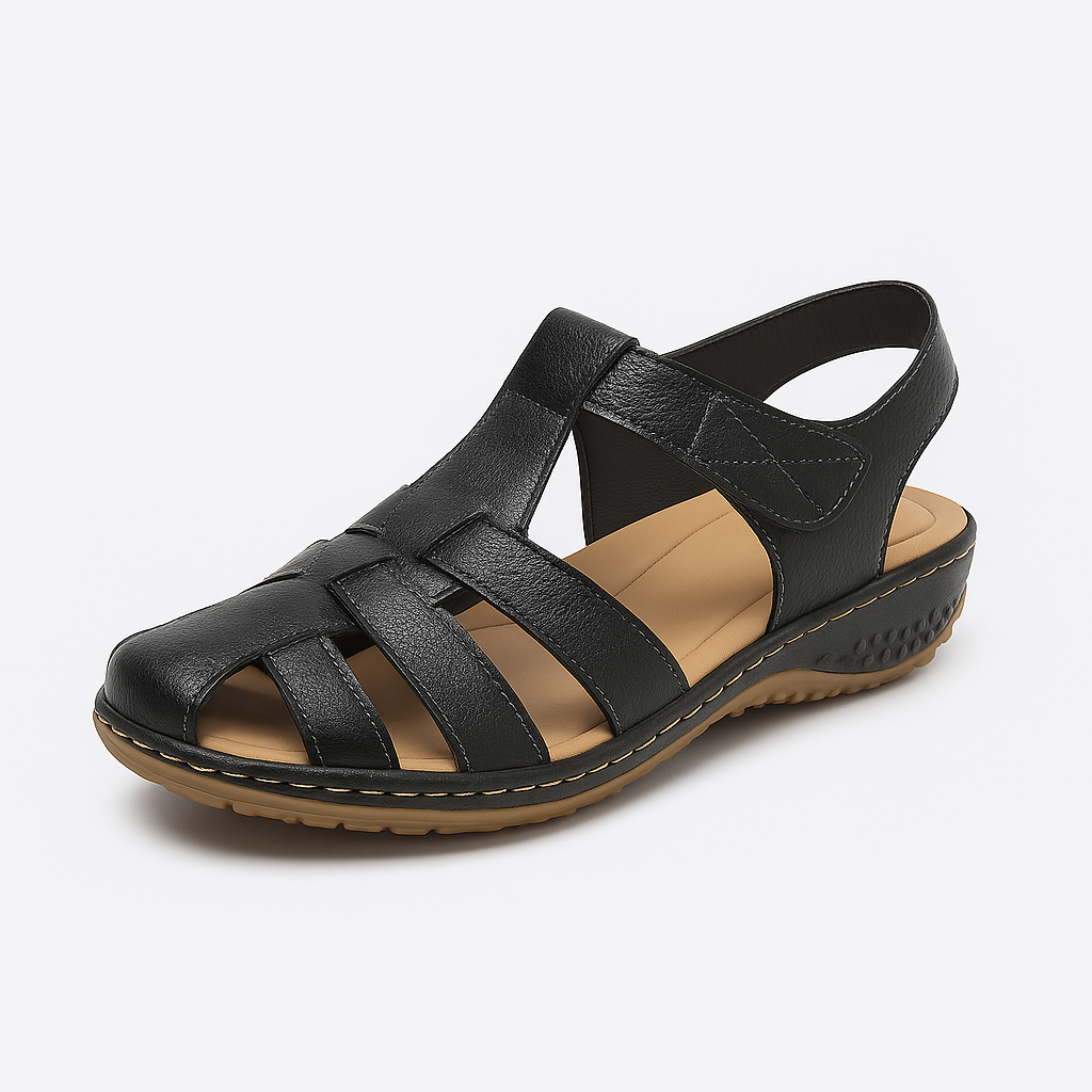 Slingback sandal with closed toe design, multiple cutout straps, and cushioned sole.