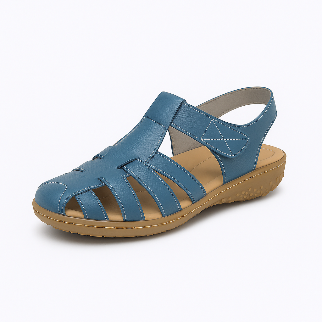 Slingback sandal with closed toe design, multiple cutout straps, and cushioned sole.