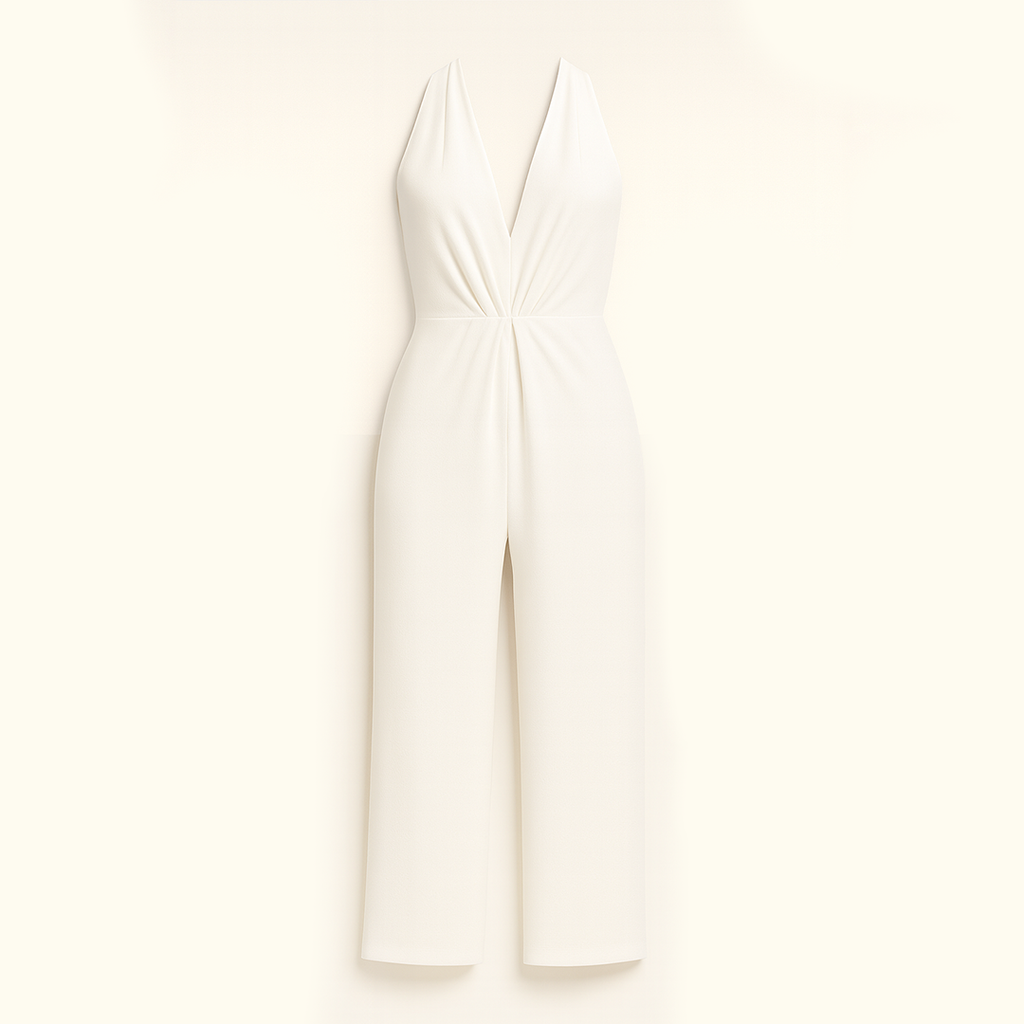 Jumpsuit with halter neckline, wide-leg silhouette, and fitted waist, styled for elegant occasions