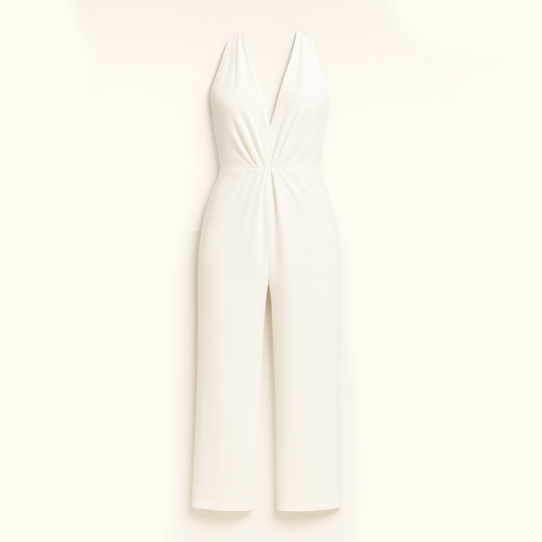 Jumpsuit with halter neckline, wide-leg silhouette, and fitted waist, styled for elegant occasions