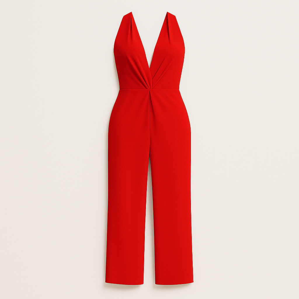 Jumpsuit with halter neckline, wide-leg silhouette, and fitted waist, styled for elegant occasions