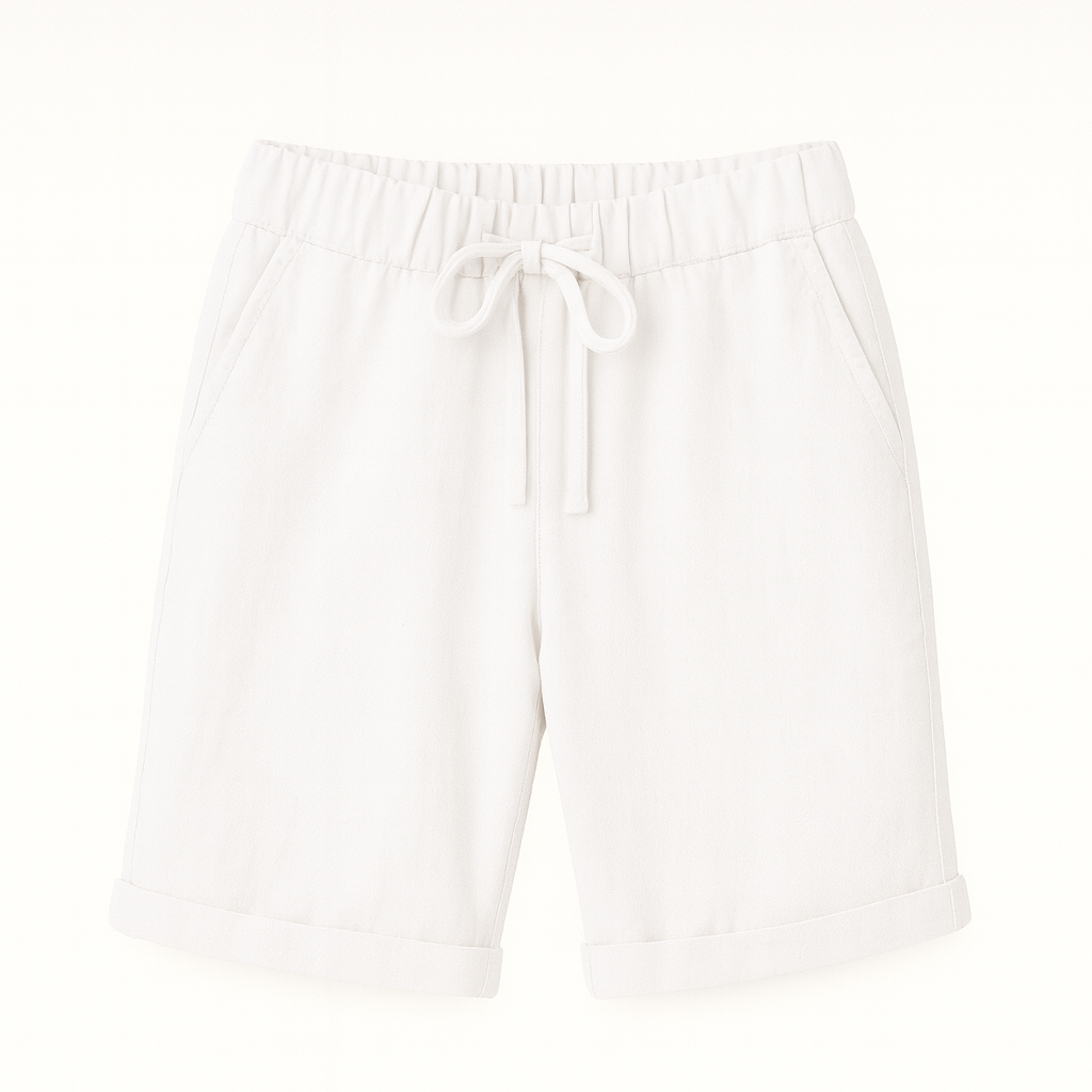 Relaxed linen Bermuda shorts with drawstring waist and cuffed hem, styled for an effortless casual look.
