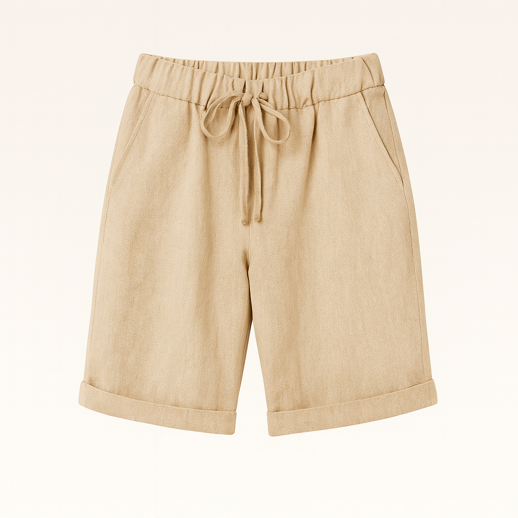 Relaxed linen Bermuda shorts with drawstring waist and cuffed hem, styled for an effortless casual look.